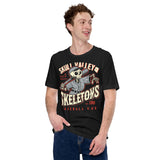 Male model wearing Skull Valley Skeletons retro baseball tee in heather black with vintage-style skeleton mascot design
