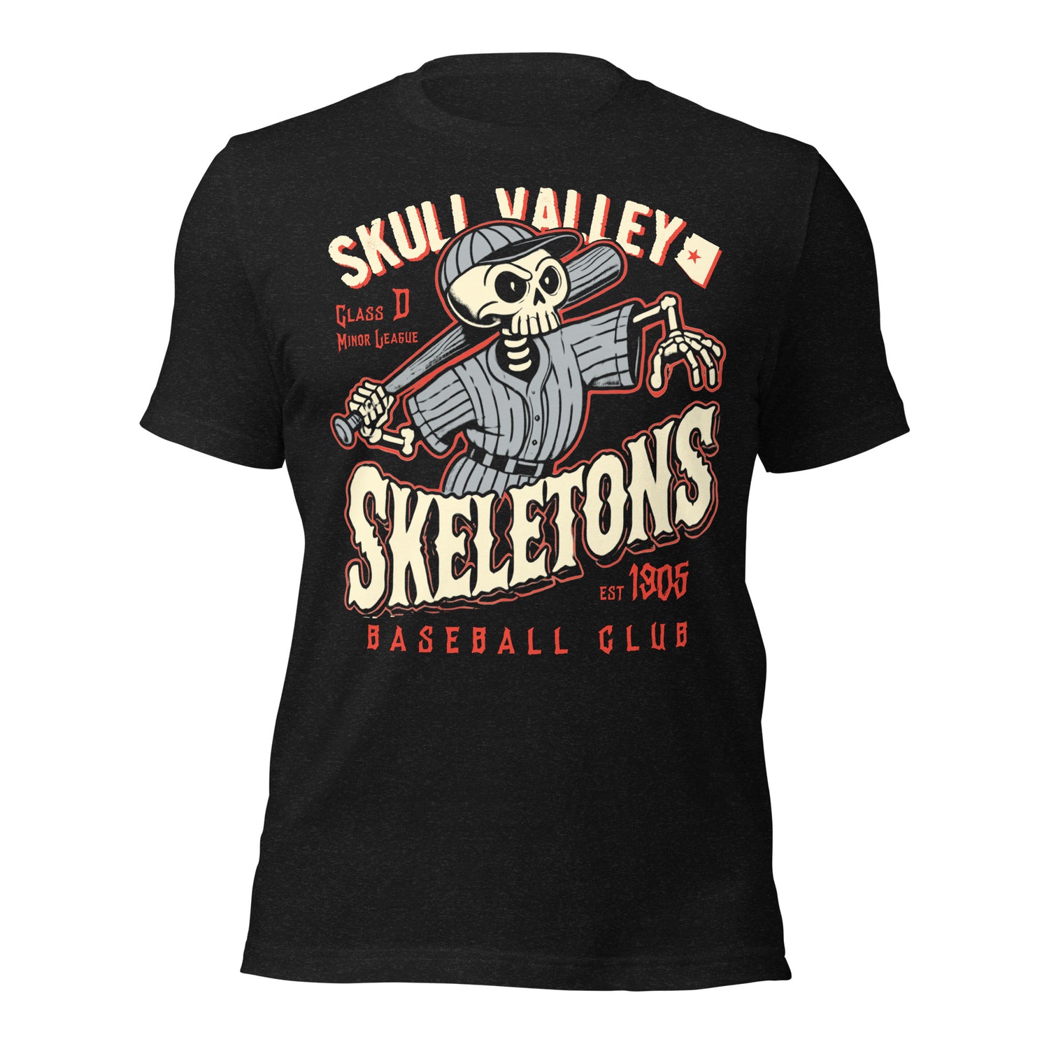 Flat lay of Skull Valley Skeletons retro baseball t-shirt in heather black with vintage skeleton batter graphic