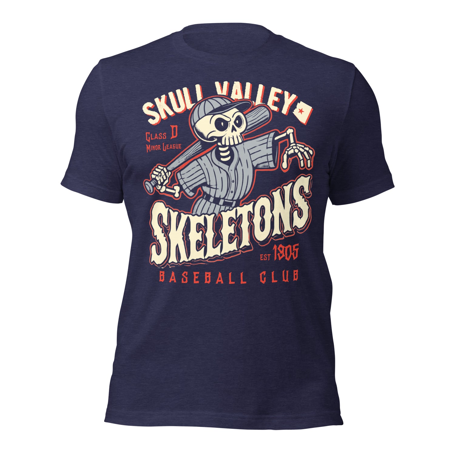 Flat lay of Skull Valley Skeletons vintage minor league baseball tee in heather navy featuring skeleton slugger design