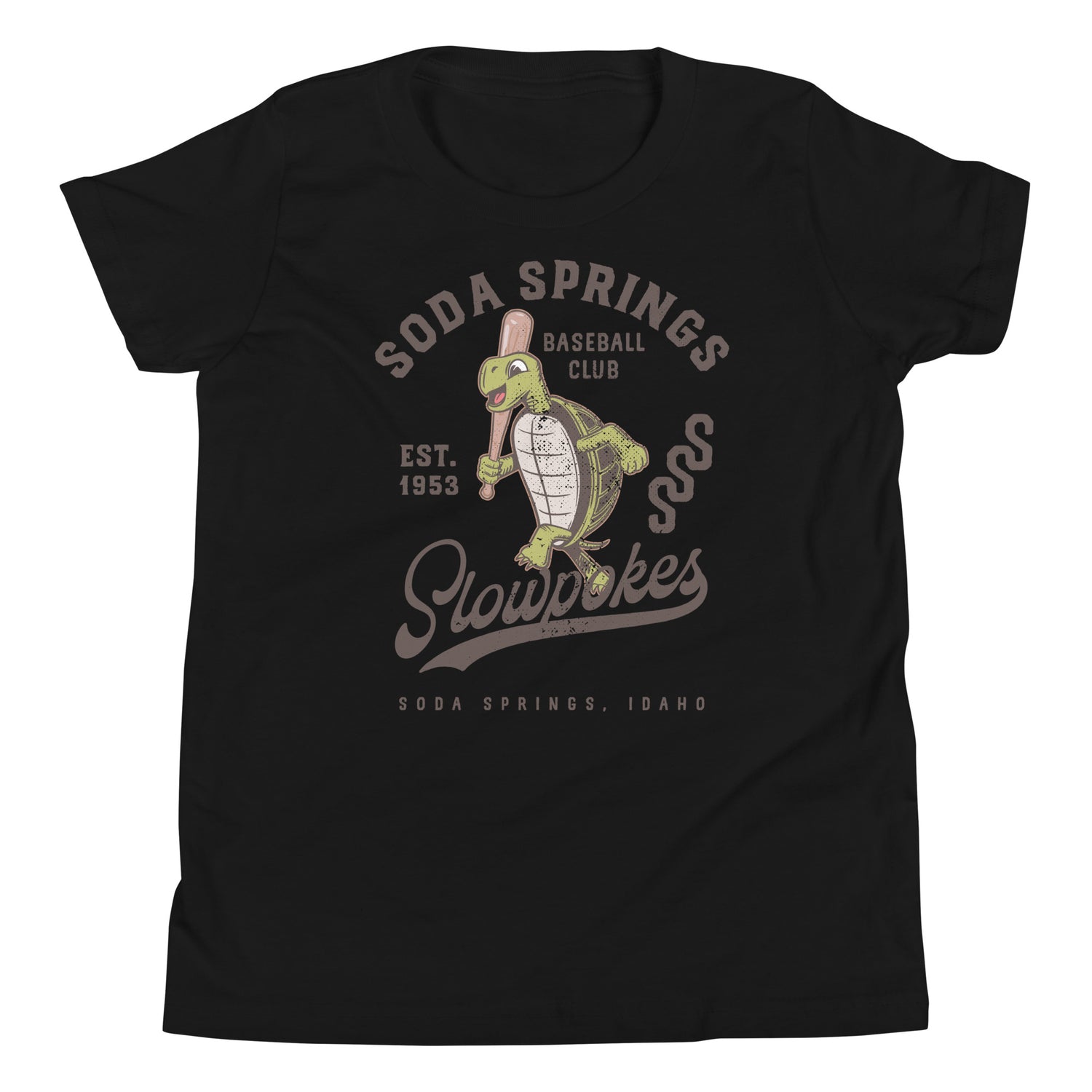 Soda Springs Slow Pokes Youth Shirt – Black Bella Canvas Flat Lay