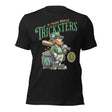 Flat lay image of the Outfield Outlaws St. Patrick Tricksters adult t-shirt in black with retro leprechaun mascot artwork.