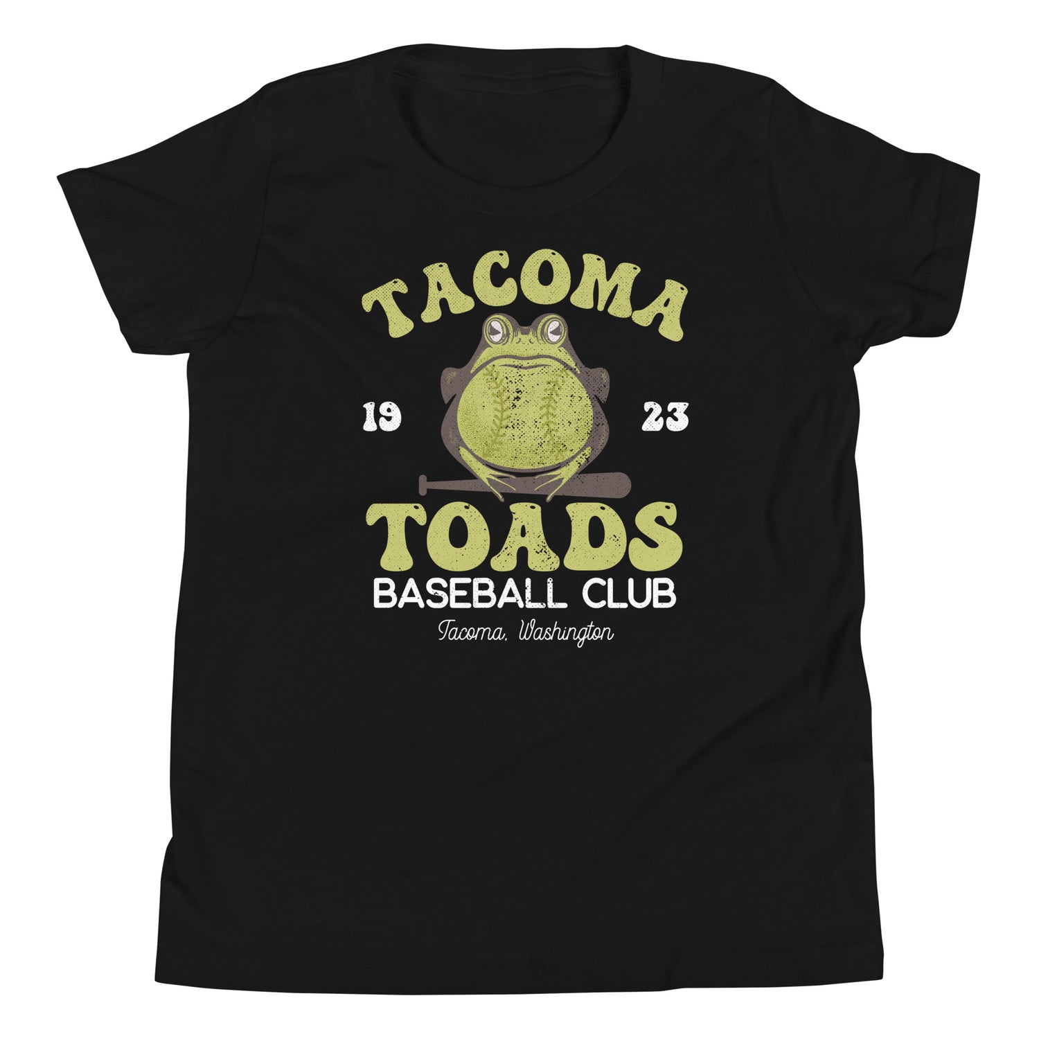 Tacoma Toads Youth T-Shirt – Funny Frog Mascot Flat Lay Black
