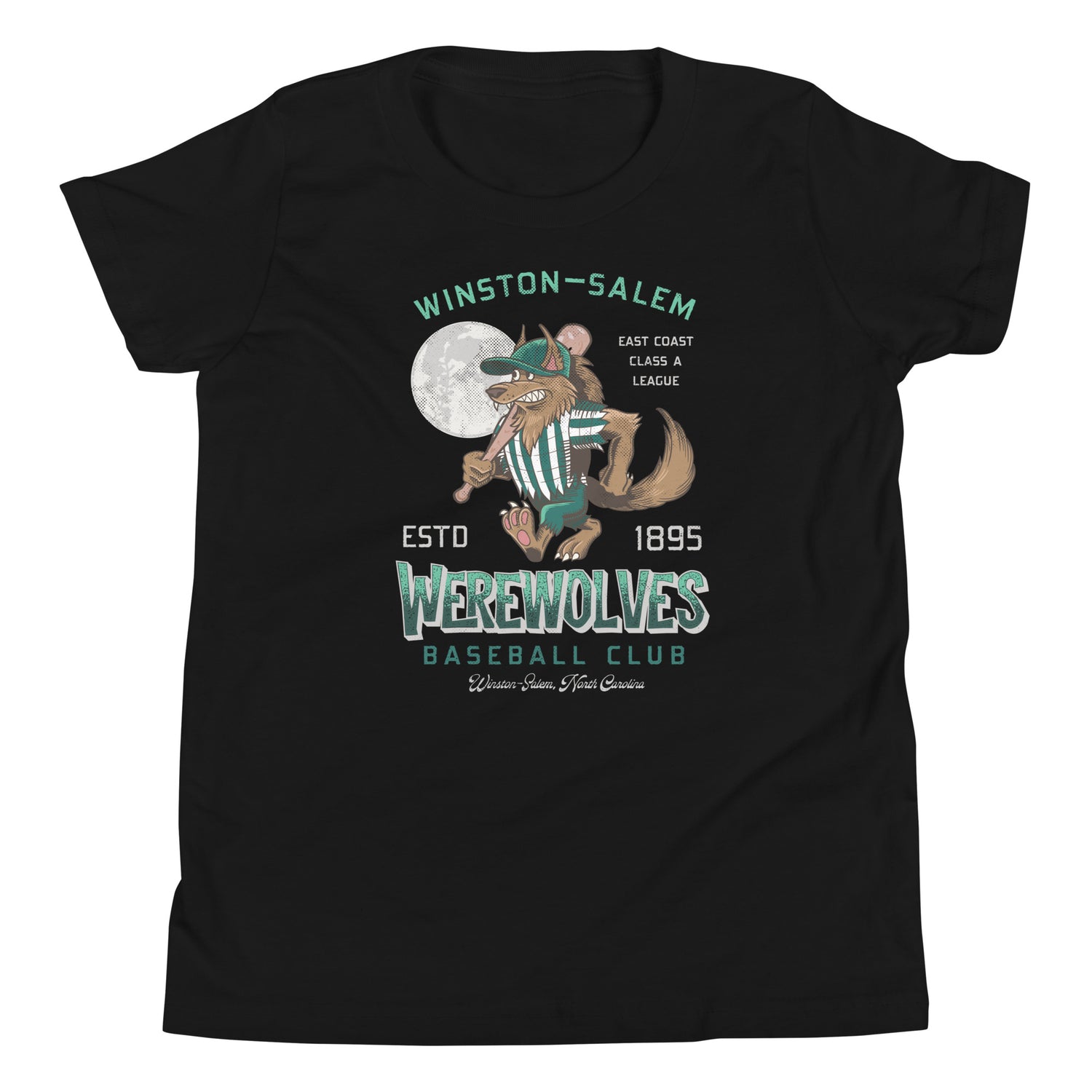 Winston-Salem Werewolves Youth Mascot Shirt – Black Bella Canvas Flat Lay