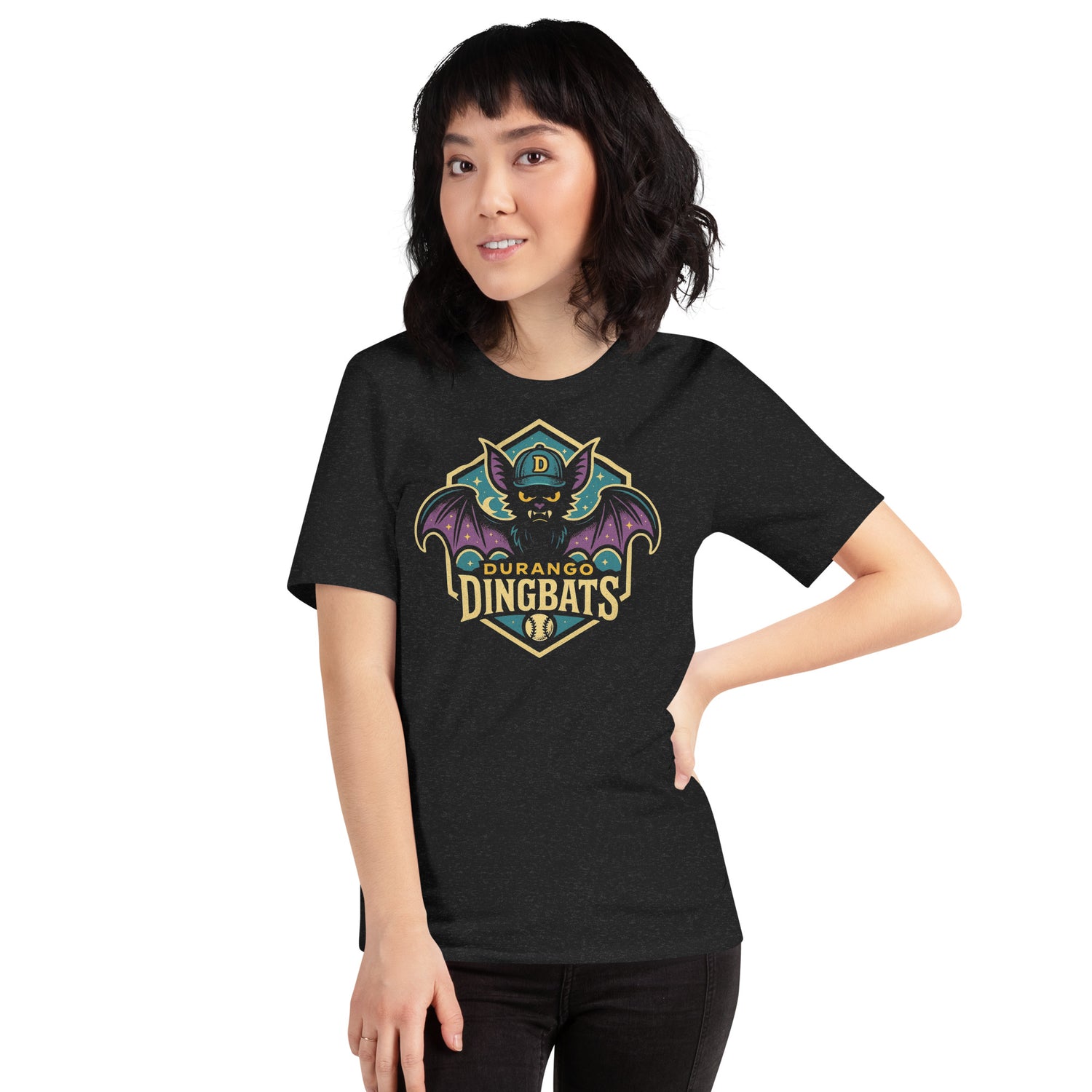 Female model wearing the Durango Dingbats retro baseball t-shirt in Heather Black with cryptid bat mascot design