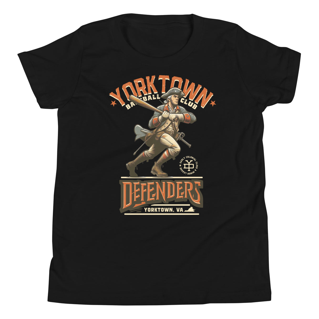 Yorktown Defenders Youth Black T-Shirt – Patriotic Mascot Flat Lay