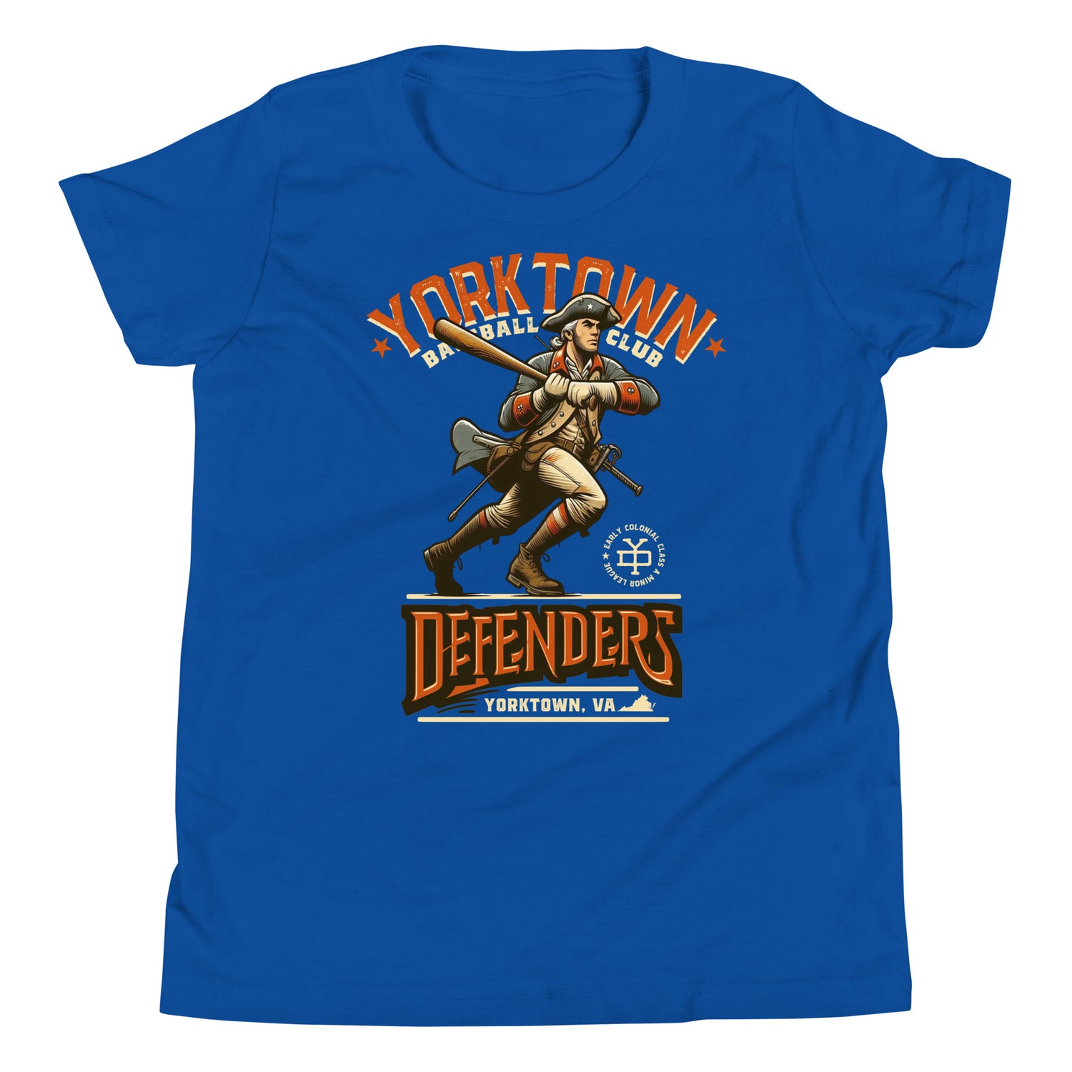 Yorktown Defenders Youth T-Shirt – Patriotic Mascot Flat Lay