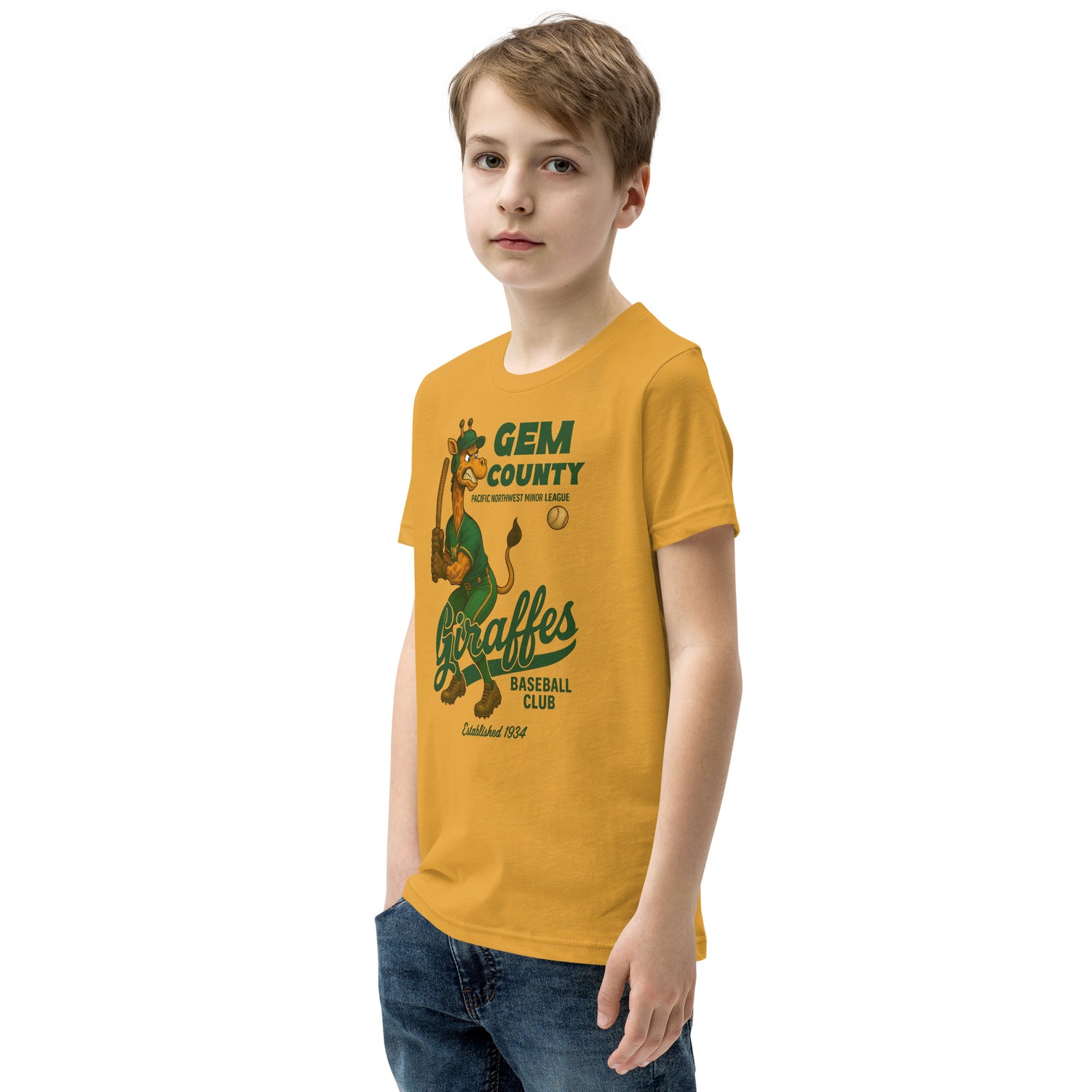Young boy model wearing mustard yellow Gem County Giraffes youth t-shirt showing front mascot design.