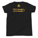 Back flat lay of youth black t-shirt showing Outfield Outlaws logo and slogan “If it’s hangin’… we’re bangin’.”