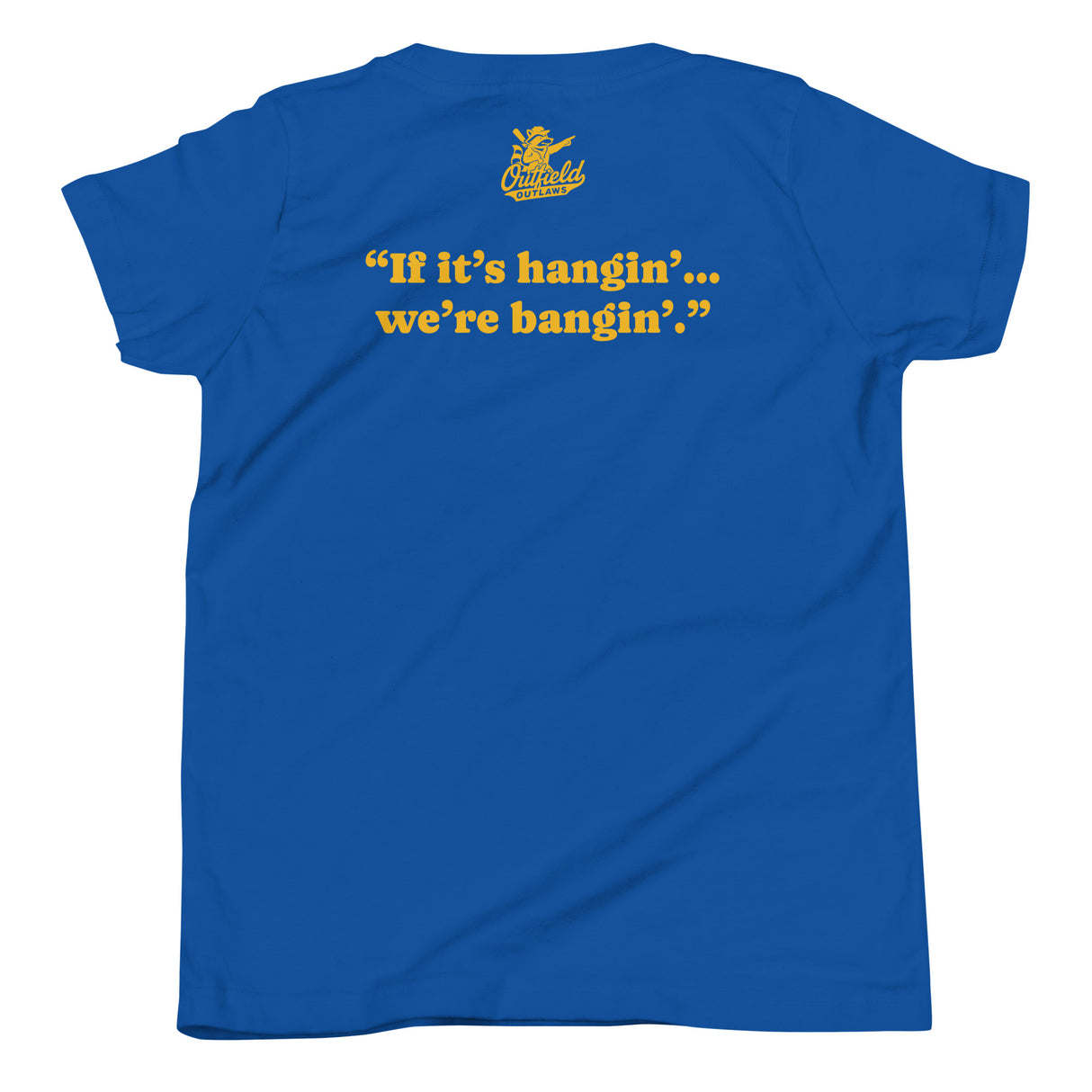 Flat lay of back design on heather royal blue youth tee with Outfield Outlaws branding and tagline.