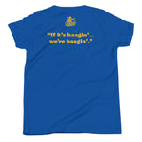 Flat lay of back design on heather royal blue youth tee with Outfield Outlaws branding and tagline.