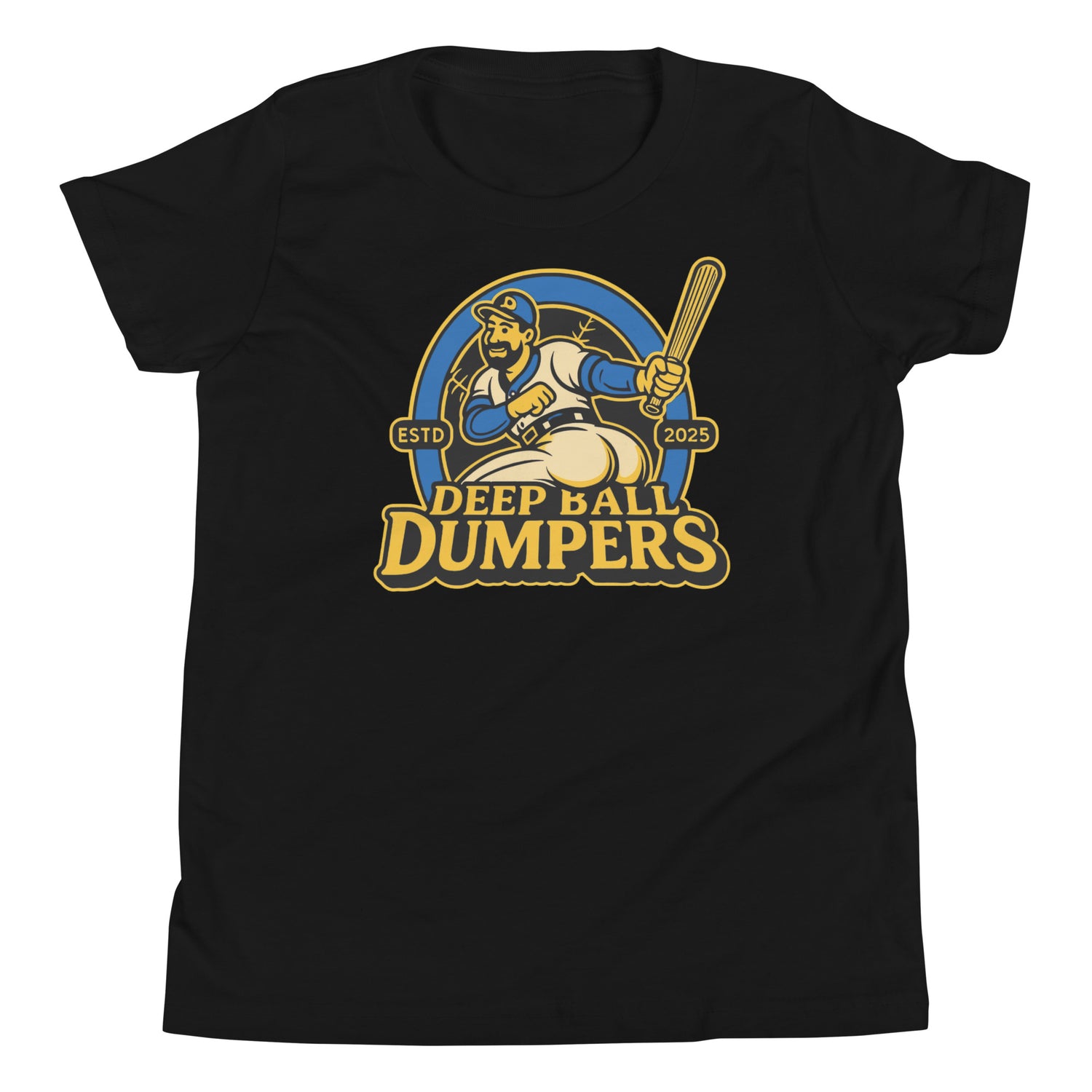 Flat lay of Outfield Outlaws youth t-shirt in heather black featuring Deep Ball Dumpers front mascot graphic.