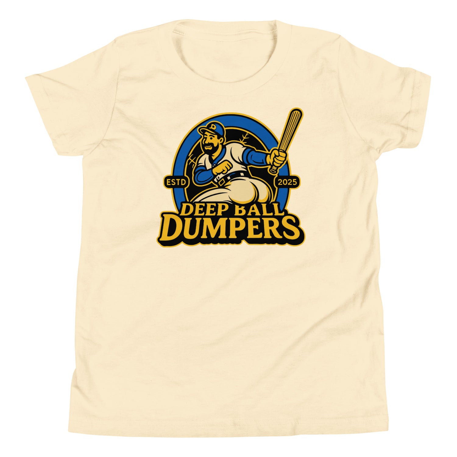 Flat lay of natural color youth tee with retro Deep Ball Dumpers logo on the front.
