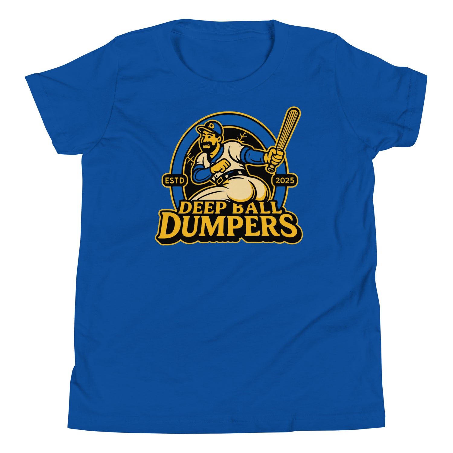 Flat lay of youth Bella Canvas t-shirt in heather royal blue with Deep Ball Dumpers mascot printed on front.