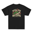 Flat lay of youth Devil’s Den Nightstalkers t-shirt in black featuring a vintage goblin baseball mascot