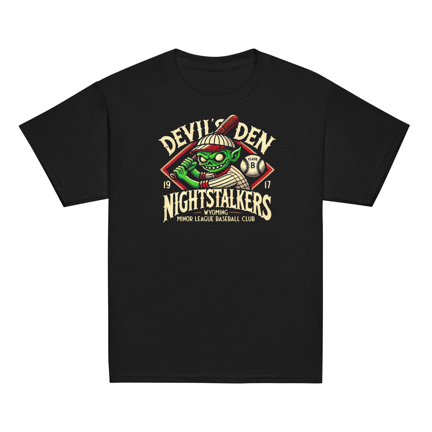 Flat lay of youth Devil’s Den Nightstalkers t-shirt in black featuring a vintage goblin baseball mascot