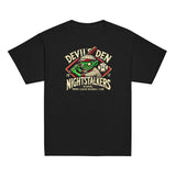 Flat lay of youth Devil’s Den Nightstalkers t-shirt in black featuring a vintage goblin baseball mascot