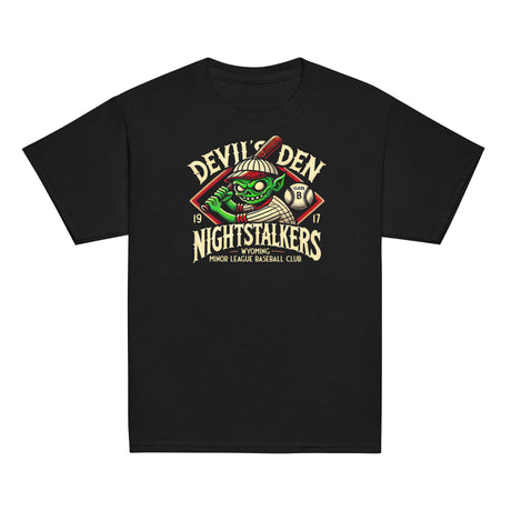 Flat lay of youth Devil’s Den Nightstalkers t-shirt in black featuring a vintage goblin baseball mascot
