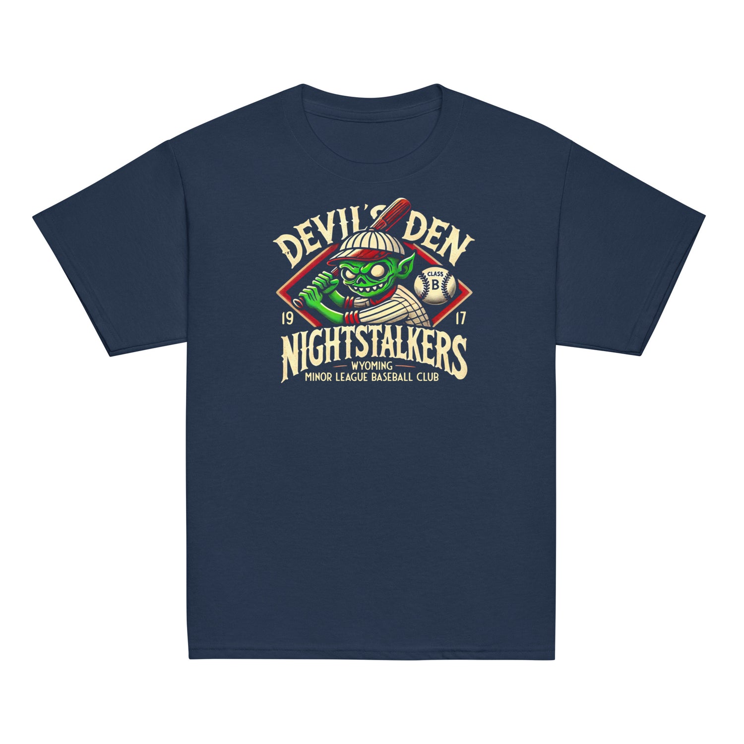 Flat lay of navy youth t-shirt with Devil’s Den Nightstalkers cryptid goblin mascot in retro baseball style