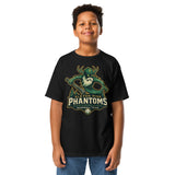 Young boy wearing Elkton Pine Phantoms black retro baseball t-shirt featuring Wendigo cryptid mascot