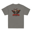 Flat lay of youth Point Pleasant Haunters t-shirt in charcoal with Mothman mascot graphic from Outfield Outlaws Cryptid Collection