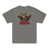 Flat lay of youth Point Pleasant Haunters t-shirt in charcoal with Mothman mascot graphic from Outfield Outlaws Cryptid Collection