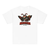 Flat lay of youth Point Pleasant Haunters t-shirt in white featuring Mothman baseball design from Outfield Outlaws