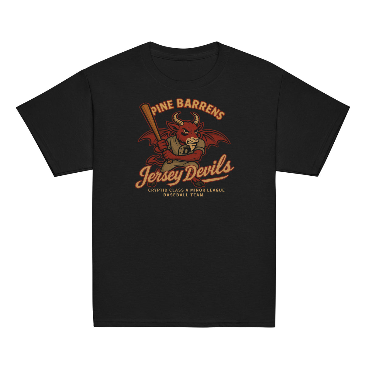 Flat lay of the Pine Barrens Jersey Devils youth t-shirt in black featuring a red cryptid devil mascot holding a bat, inspired by vintage minor league baseball.