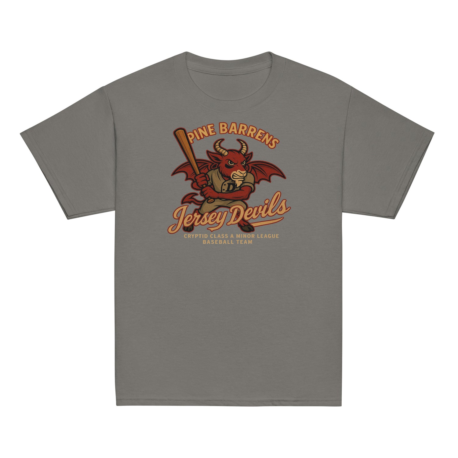 Flat lay of the Pine Barrens Jersey Devils youth tee in charcoal, showcasing a retro red devil baseball mascot in a bold cryptid design.
