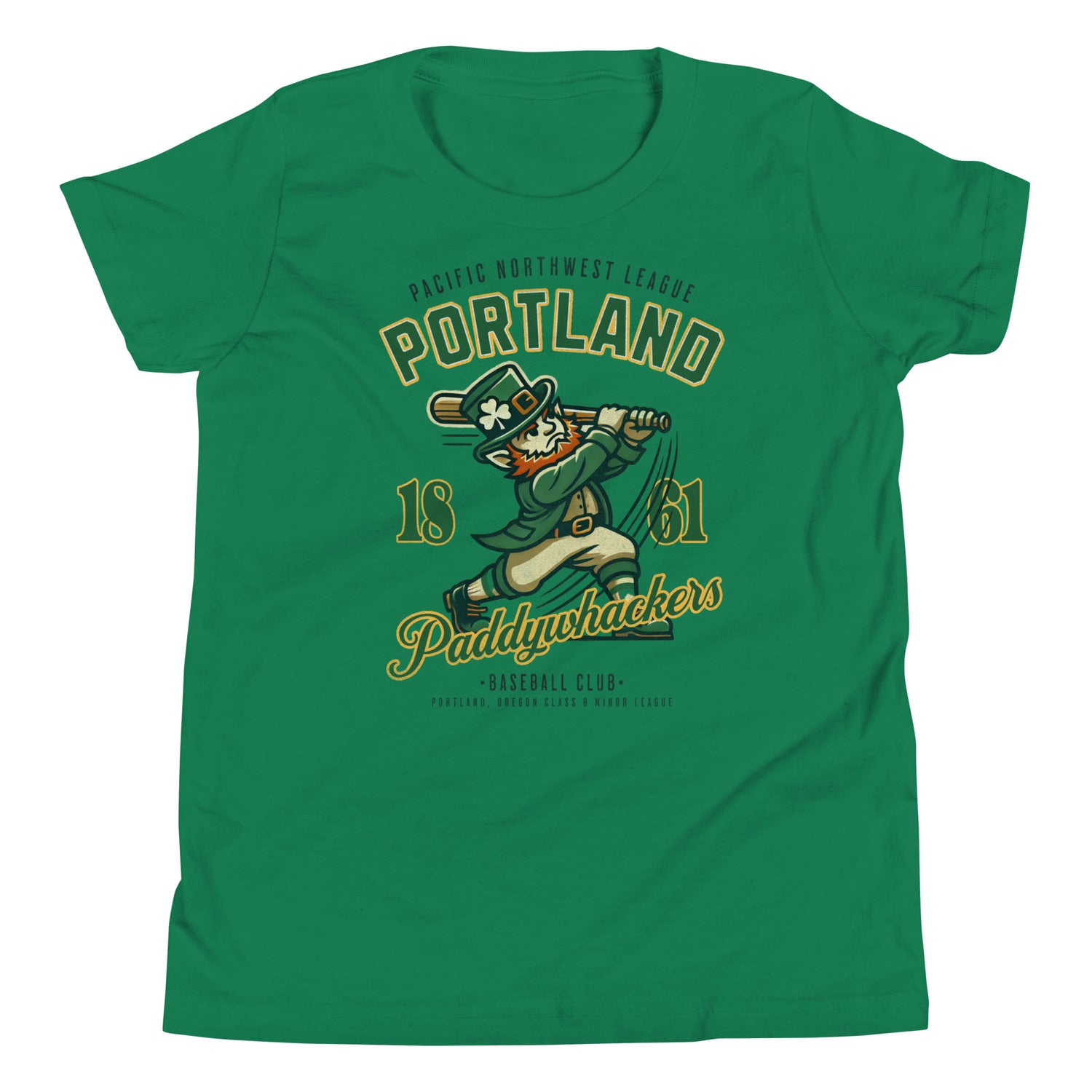 Youth-sized Portland Paddywhackers t-shirt in kelly heather green featuring a swinging leprechaun graphic in a vintage baseball uniform.