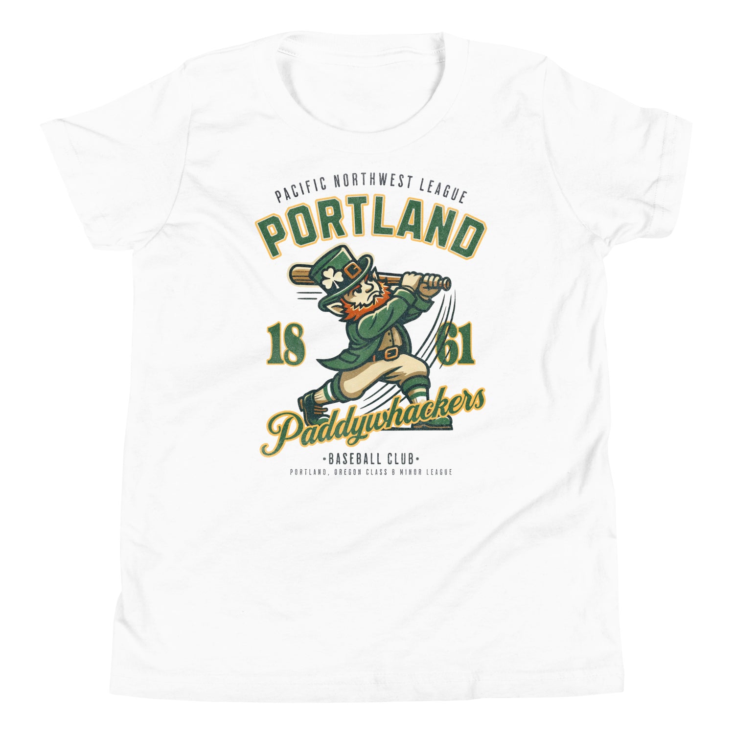 Youth-sized Portland Paddywhackers t-shirt in white, showcasing retro leprechaun baseball graphic and classic script.