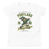 Youth-sized Portland Paddywhackers t-shirt in white, showcasing retro leprechaun baseball graphic and classic script.