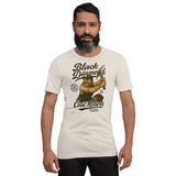  Male model wearing Black Diamond Coal Miners tee in Heather Dust, showing retro baseball graphic on front.