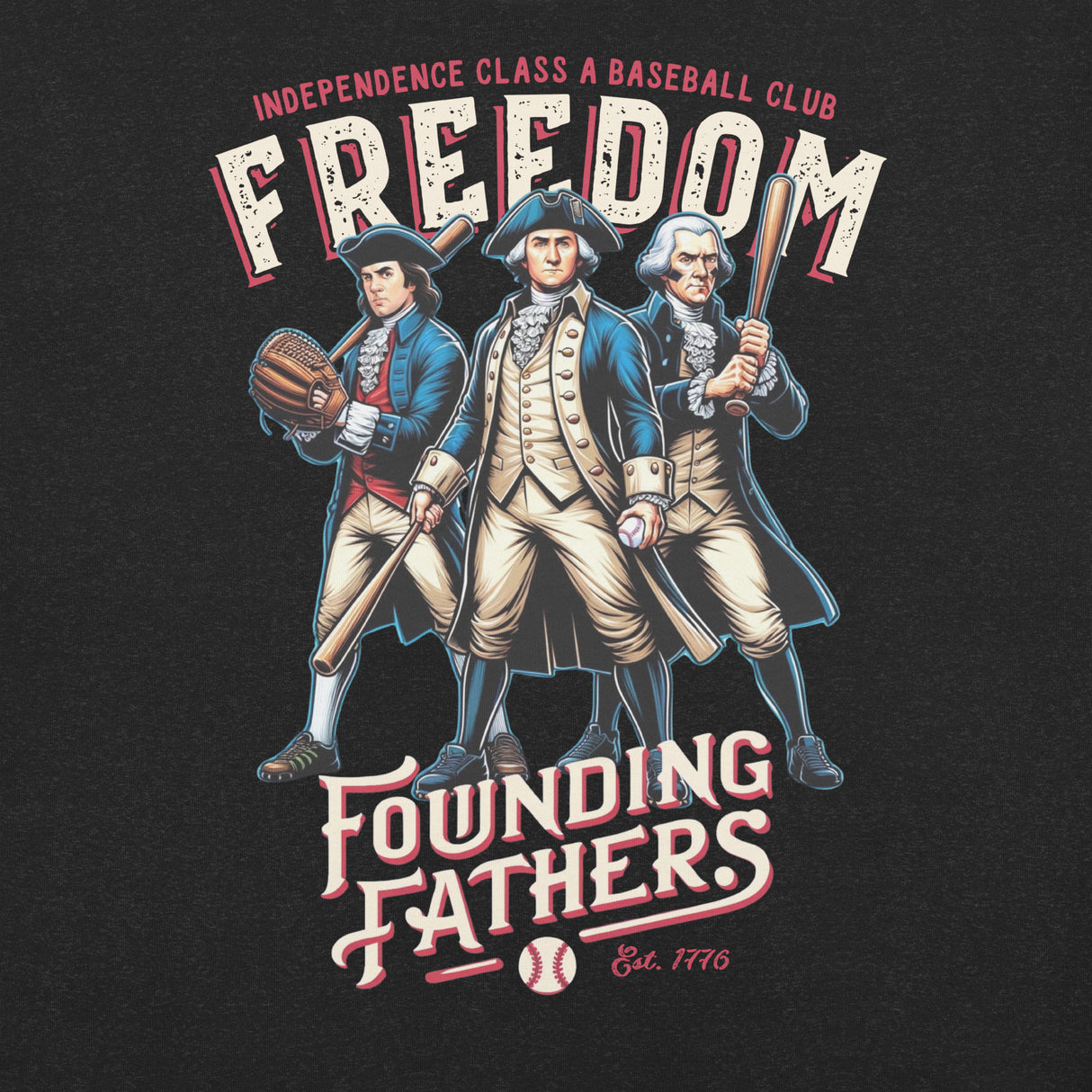 Close-up of Founding Fathers Freedom Baseball Club graphic featuring vintage-style patriotic mascots with bats and gloves on Bella Canvas shirt

