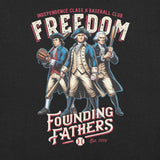 Close-up of Founding Fathers Freedom Baseball Club graphic featuring vintage-style patriotic mascots with bats and gloves on Bella Canvas shirt

