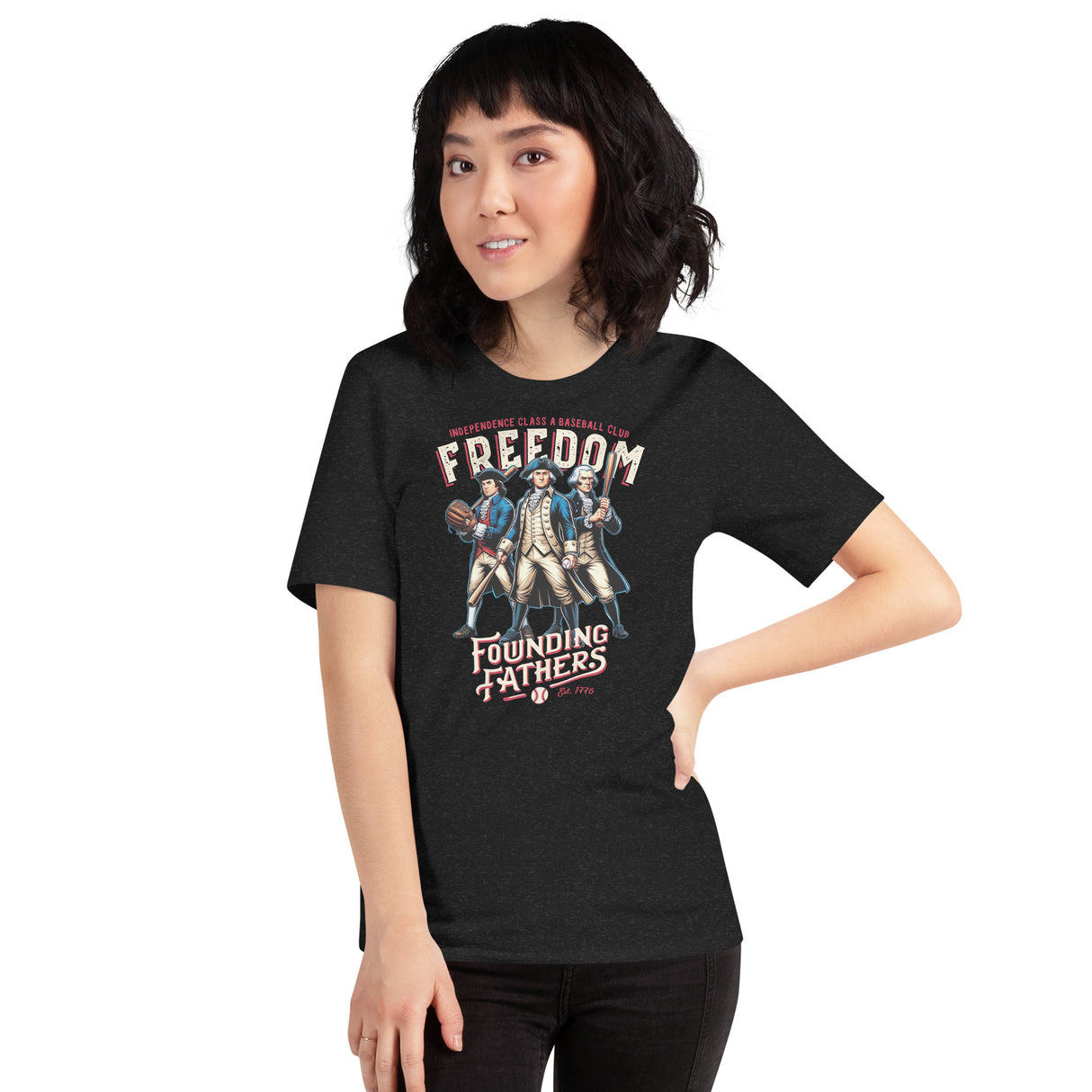 Female model wearing heather navy Founding Fathers Freedom Club shirt, vintage-style patriotic baseball tee

