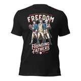 Flat lay of Founding Fathers baseball t-shirt in black featuring Independence Club design on Bella Canvas 3001