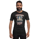 Male model wearing black Founding Fathers baseball t-shirt with retro patriotic mascot graphic

