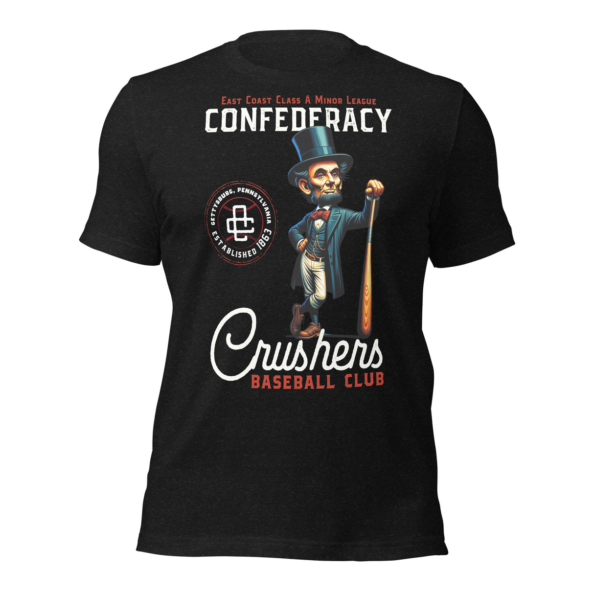 Flat lay of Gettysburg Crushers baseball t-shirt in black featuring vintage historic mascot design and baseball club artwork