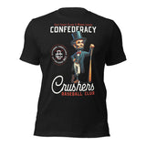 Flat lay of Gettysburg Crushers baseball t-shirt in black featuring vintage historic mascot design and baseball club artwork