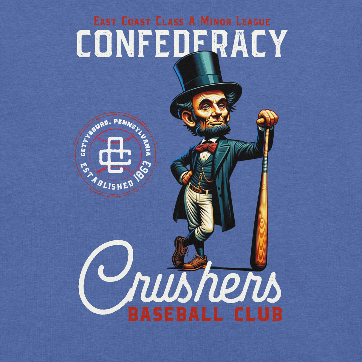 Close-up of Gettysburg Crushers East Coast League baseball mascot graphic with bat and historic styling