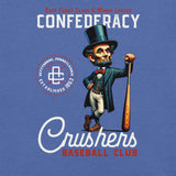 Close-up of Gettysburg Crushers East Coast League baseball mascot graphic with bat and historic styling