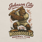 Close-up view of Bigfoot mascot design on Johnson City Woodboogers retro baseball t-shirt