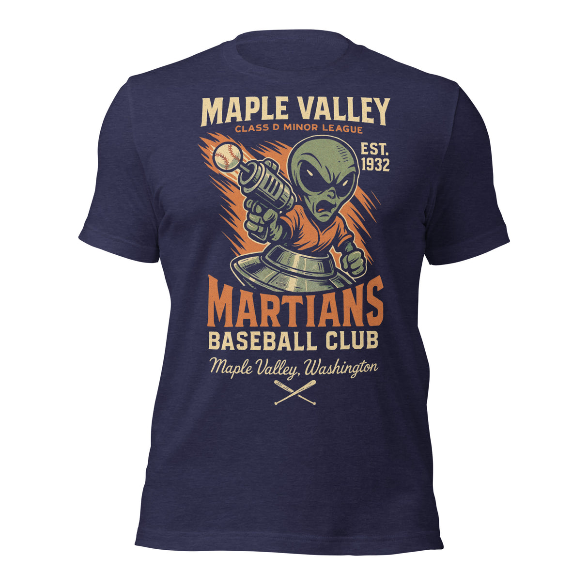 Flat lay of Maple Valley Martians alien mascot t-shirt on heather navy Bella Canvas unisex tee with retro baseball design