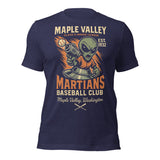 Flat lay of Maple Valley Martians alien mascot t-shirt on heather navy Bella Canvas unisex tee with retro baseball design