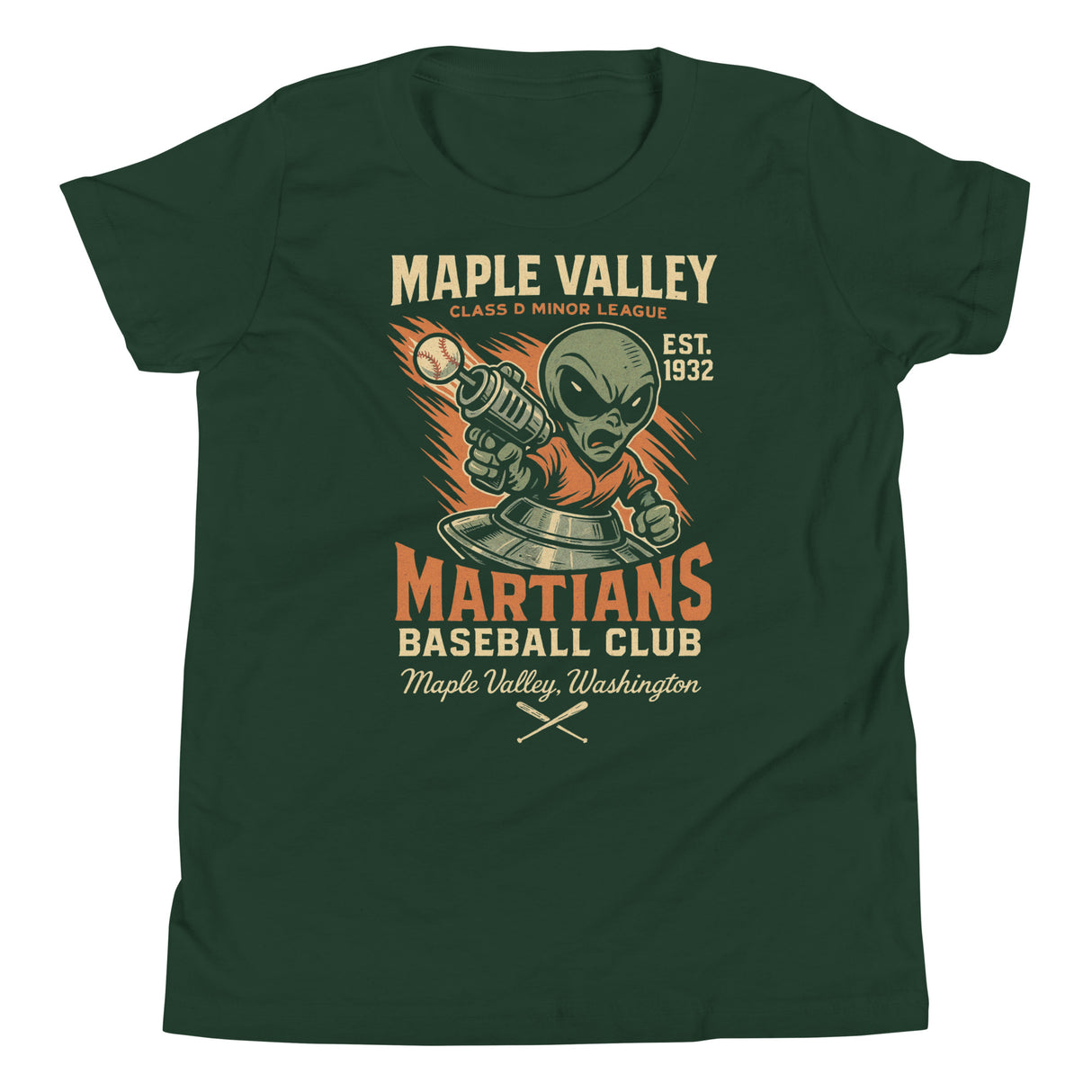 Flat lay of Maple Valley Martians youth mascot tee in heather green featuring alien baseball design on Bella Canvas shirt