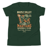 Flat lay of Maple Valley Martians youth mascot tee in heather green featuring alien baseball design on Bella Canvas shirt