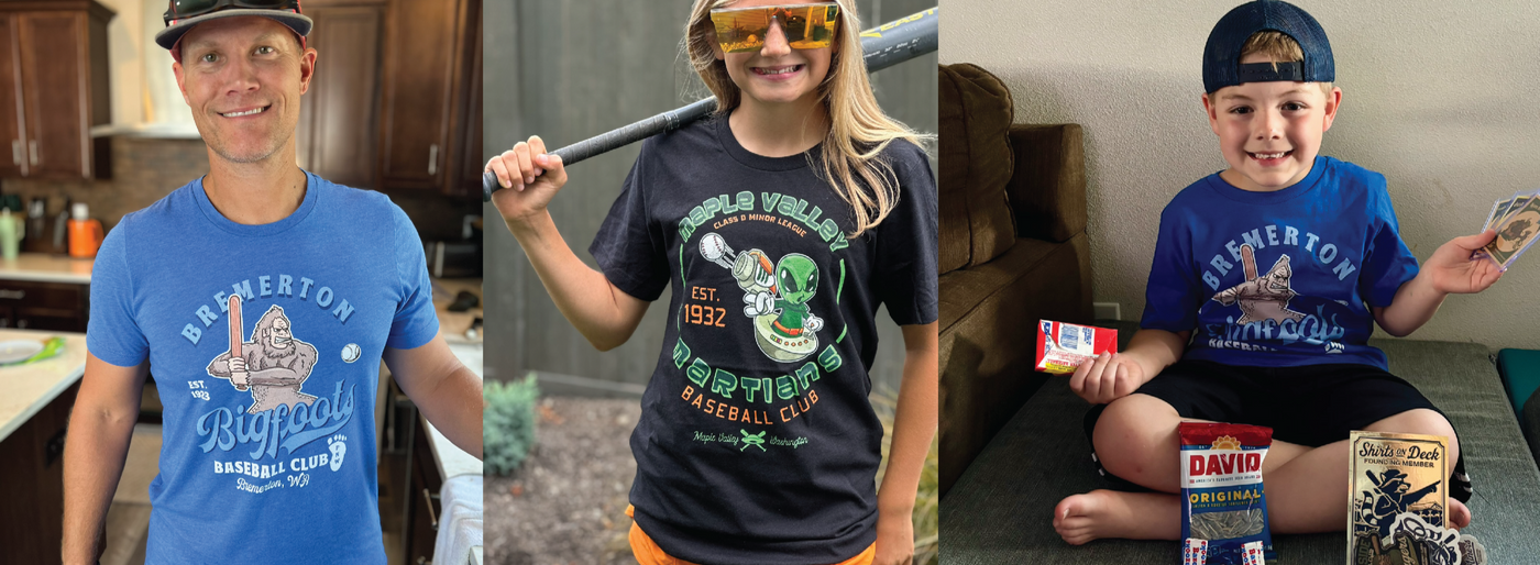Group photo of kids and adults wearing Outfield Outlaws retro baseball mascot t-shirts including the Swamp Donkeys, Bremerton Bigfoots, Maple Valley Martians, and Shirts On Deck subscription gear