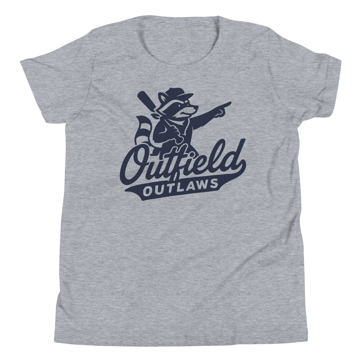 Flat lay of Outfield Outlaws youth logo t-shirt in athletic heather grey with vintage baseball chest logo on Bella Canvas kids shirt

