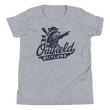 Flat lay of Outfield Outlaws youth logo t-shirt in athletic heather grey with vintage baseball chest logo on Bella Canvas kids shirt

