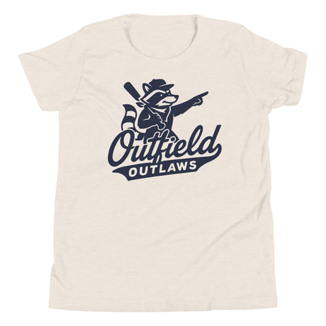 Flat lay of Outfield Outlaws youth logo t-shirt in heather dust with small front chest print on Bella Canvas kids tee